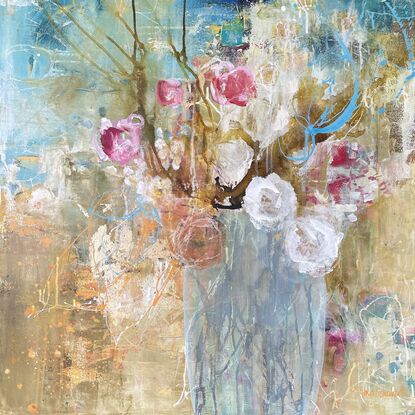 A background of golds and subtle orange and also mid blue over a dark blue base, this depicts a vase of flowers in soft tones with the strongest colour being red. A messy, elegant piece. 