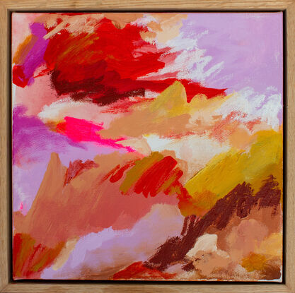 An abstracted landscape featuring reds, yellow oxide, lilac and pink, with a pop of fluoro pink, plus an earthy brown. 