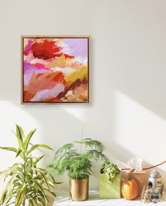 An abstracted landscape featuring reds, yellow oxide, lilac and pink, with a pop of fluoro pink, plus an earthy brown. 