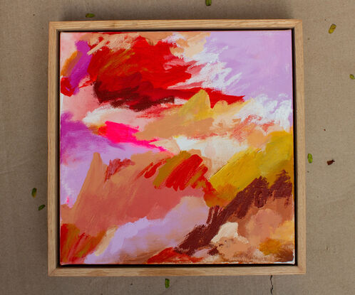 An abstracted landscape featuring reds, yellow oxide, lilac and pink, with a pop of fluoro pink, plus an earthy brown. 