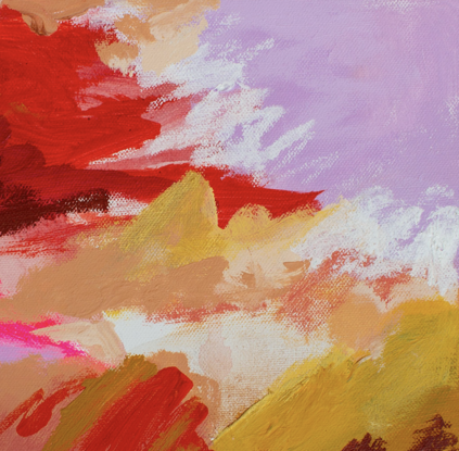 An abstracted landscape featuring reds, yellow oxide, lilac and pink, with a pop of fluoro pink, plus an earthy brown. 