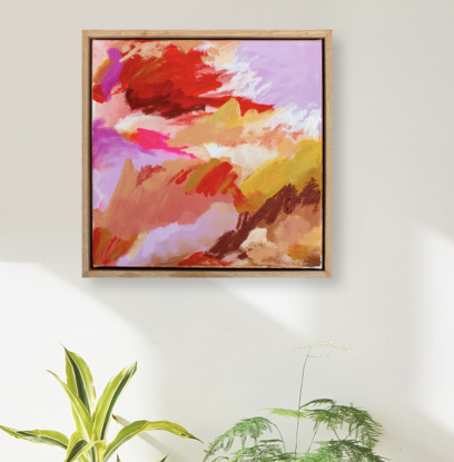 An abstracted landscape featuring reds, yellow oxide, lilac and pink, with a pop of fluoro pink, plus an earthy brown. 