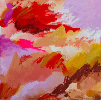 An abstracted landscape featuring reds, yellow oxide, lilac and pink, with a pop of fluoro pink, plus an earthy brown. 