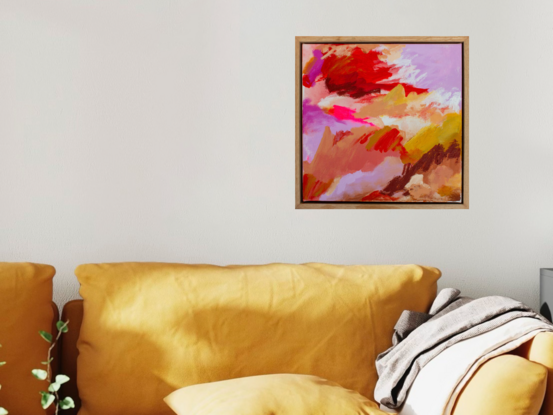 An abstracted landscape featuring reds, yellow oxide, lilac and pink, with a pop of fluoro pink, plus an earthy brown. 