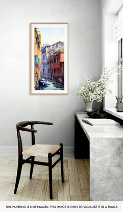 Original Painting Venice Canal in Italy with reflections and boat