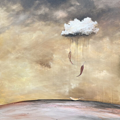 Textured abstract cloudscape painting  rendered in  earthy tones of   Sienna, ochre,  blush and cream. The interplay of light and shadow on the cloud's surface imparts a tactile quality, inviting the viewer to imagine the sensation of touching its soft, cotton-like contours. Three leaves fall from the cloud to the earth land below.