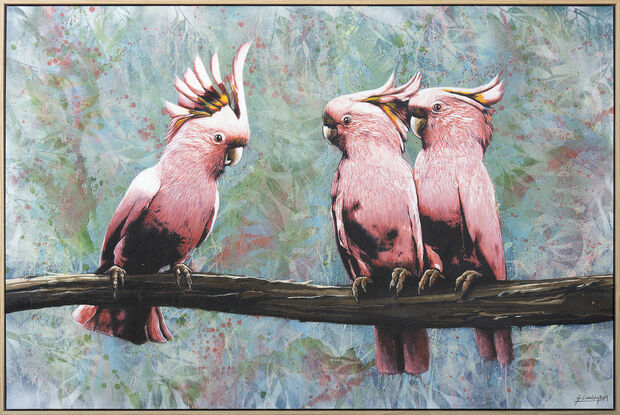 three pink cockatoos sit on a branch with abstract foliage in the background