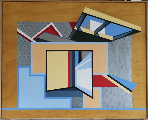 An imagined low density house of many layers, featuring the primary colours and geometric style of the Bauhaus movement.



