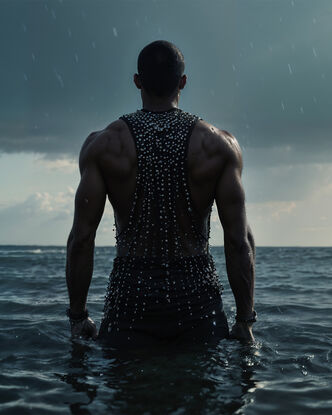 A lone man stands in the ocean with his back to the camera. The ocean ripples around him.