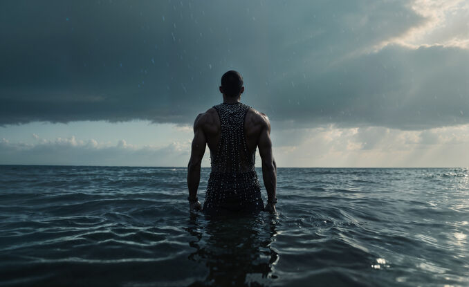 A lone man stands in the ocean with his back to the camera. The ocean ripples around him.