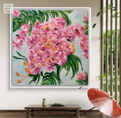 Pink flowers with green foliage . Vibrant and meaning tranquillity  