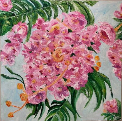 Pink flowers with green foliage . Vibrant and meaning tranquillity  