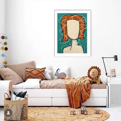 Contemporary abstract minimalist female portrait art drawing by Sabina D'Antonio, with teal, rust, and neutral colours.