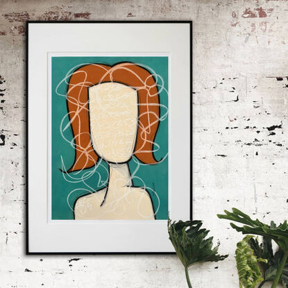 Contemporary abstract minimalist female portrait art drawing by Sabina D'Antonio, with teal, rust, and neutral colours.