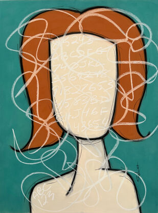 Contemporary abstract minimalist female portrait art drawing by Sabina D'Antonio, with teal, rust, and neutral colours.