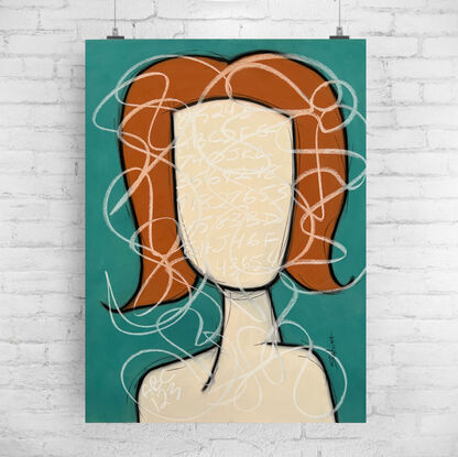 Contemporary abstract minimalist female portrait art drawing by Sabina D'Antonio, with teal, rust, and neutral colours.