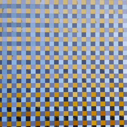 A geometric grid in blues and orange/yellow, with gradients across the canvas and complex composition created by scattered gold detailing.