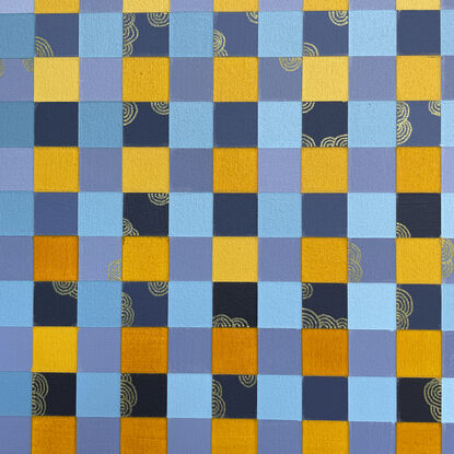 A geometric grid in blues and orange/yellow, with gradients across the canvas and complex composition created by scattered gold detailing.