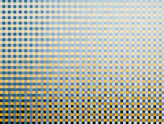 A geometric grid in blues and orange/yellow, with gradients across the canvas and complex composition created by scattered gold detailing.