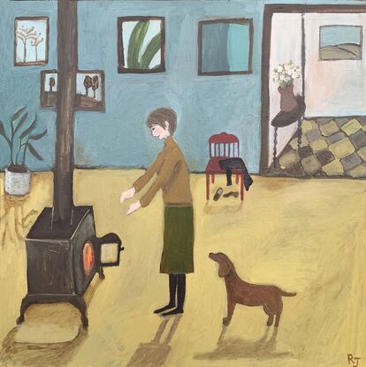 The painting depicts a woman standing in a room. There is a wood fire and she is reaching her hands out towards her. There is a dog behind her. There are paintings on the wall in the background and a red chair. 