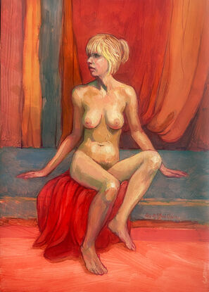 Original oil painting of a female nude, with short blonde hair with a pony tail, seated on a red  fabric, on a light blue mattress, painted from life. Hanging backdrop fabrics are in red and orange. Ready to hang, the sides are painted medium grey.