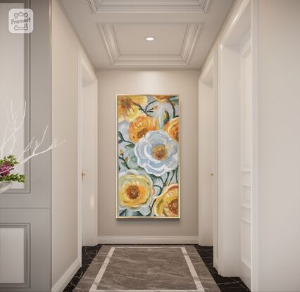 a large painting with texture and showing big round flowers in yellow and a central bigger flower in the middle in a white/icy blue colour with a touch of gold in the centre.