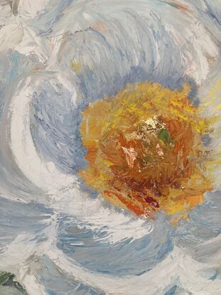 a large painting with texture and showing big round flowers in yellow and a central bigger flower in the middle in a white/icy blue colour with a touch of gold in the centre.