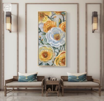 a large painting with texture and showing big round flowers in yellow and a central bigger flower in the middle in a white/icy blue colour with a touch of gold in the centre.