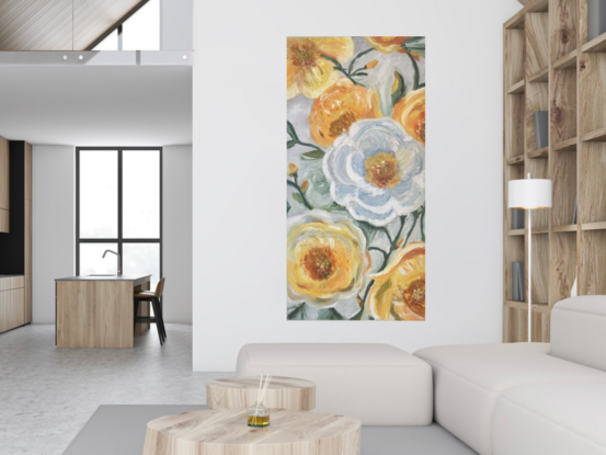 a large painting with texture and showing big round flowers in yellow and a central bigger flower in the middle in a white/icy blue colour with a touch of gold in the centre.