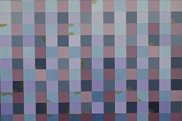 Grid of violet, pinks and blues with central gradient line, softening towards the edges of the canvas, with gold detailing.