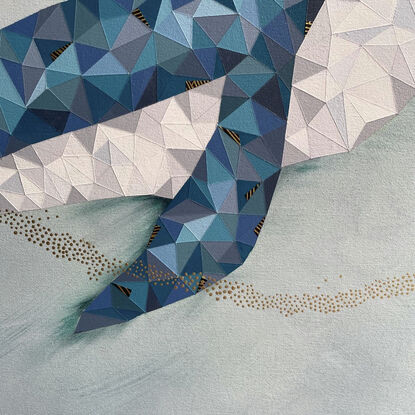 A geometric origami whale reaching towards an abstract representation of water, with gold dots traversing the canvas from left to right.