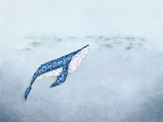 A geometric origami whale reaching towards an abstract representation of water, with gold dots traversing the canvas from left to right.