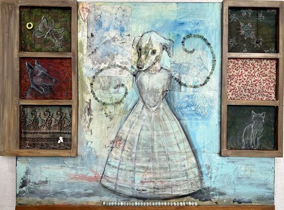 Whirling dog figure in a dress, surrounded by windows of jewel like images