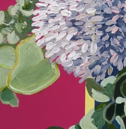 A realistic painting of hydrangea flowers and leaves laid on a handmade deep pink, dark blue and yellow textile table runner.