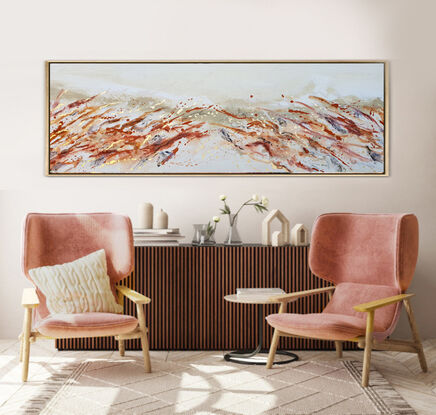 a large abstract landscape in shades of gold, brown, black, blue and white inspired by wild grass and  australian native and indigenous plants