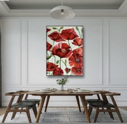 This is art work that you can touch. It has a great deal of texture as it has been produced with a dense coat of paint using a palette knife . It stands out in any room giving a great deal of energy to those around it. 