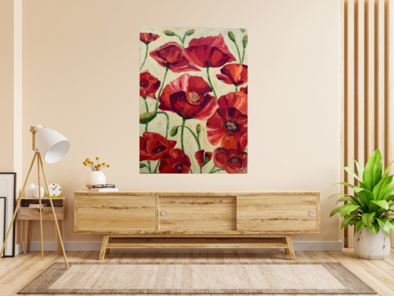 This is art work that you can touch. It has a great deal of texture as it has been produced with a dense coat of paint using a palette knife . It stands out in any room giving a great deal of energy to those around it. 