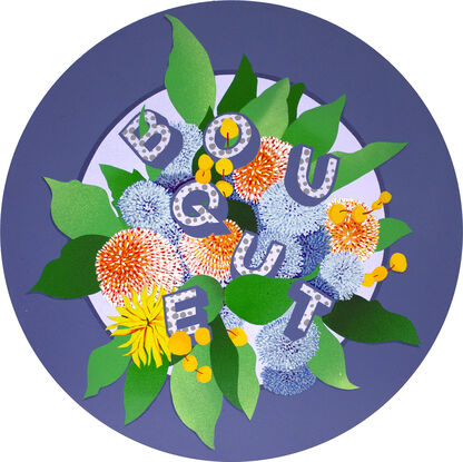 A painting of a bouquet of AI Australian flowers with the word BOUQUET scattered throughout as if they were flowers themselves. Set over a wide purple outline so as the foliage spills over.