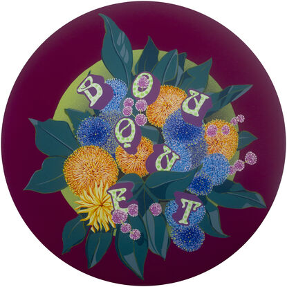 A painting of a bouquet of AI Australian flowers with the word BOUQUET scattered throughout as if they were flowers themselves. Set over a wide maroon outline so as the foliage spills over. The colours in the bouquet are made up of muted greens, orange and blues.