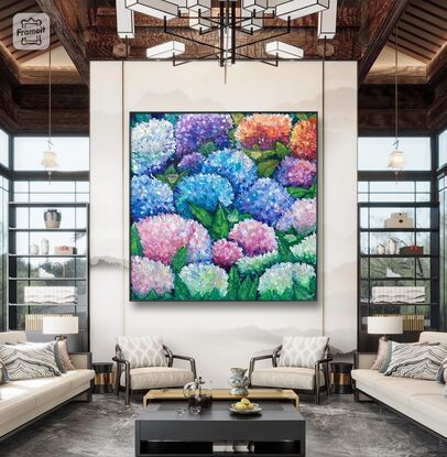 The painting describes the transition of all seasons throughout the year. It has texture and invites the viewer to touch it and feel it. The colours used follow those of each season, and it also presents four distinct blooms symbolizing the birth of each season