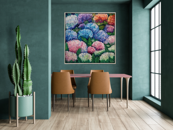 The painting describes the transition of all seasons throughout the year. It has texture and invites the viewer to touch it and feel it. The colours used follow those of each season, and it also presents four distinct blooms symbolizing the birth of each season