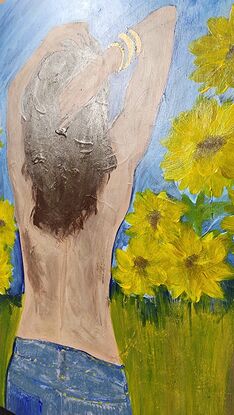 Sunflower field, woman standing, being free