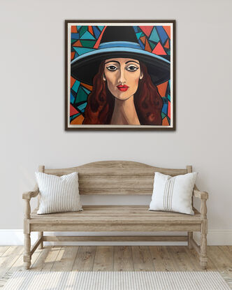 Mid century modern colours and style with a beautiful woman’s face wearing a large hat, geometrical designs and modern feel