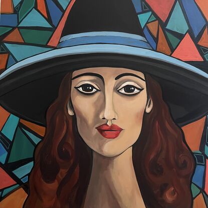 Mid century modern colours and style with a beautiful woman’s face wearing a large hat, geometrical designs and modern feel