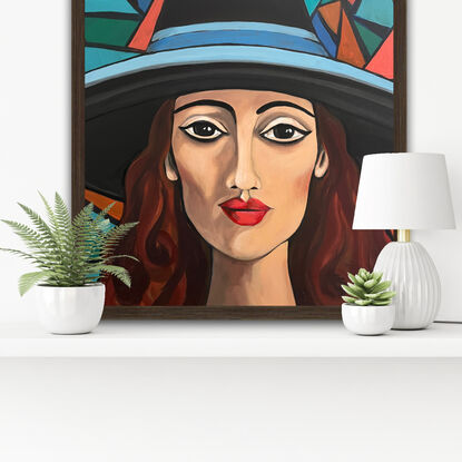 Mid century modern colours and style with a beautiful woman’s face wearing a large hat, geometrical designs and modern feel