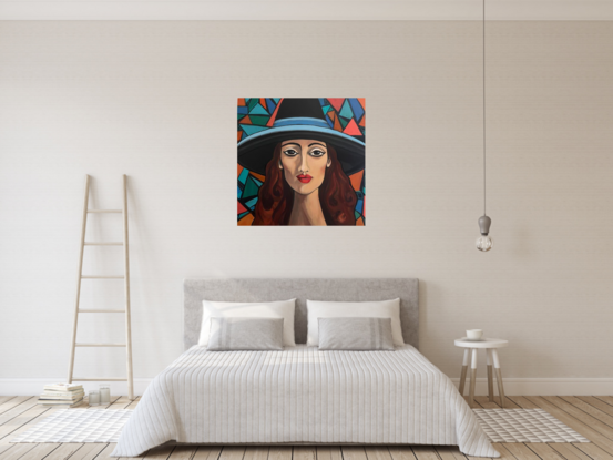 Mid century modern colours and style with a beautiful woman’s face wearing a large hat, geometrical designs and modern feel