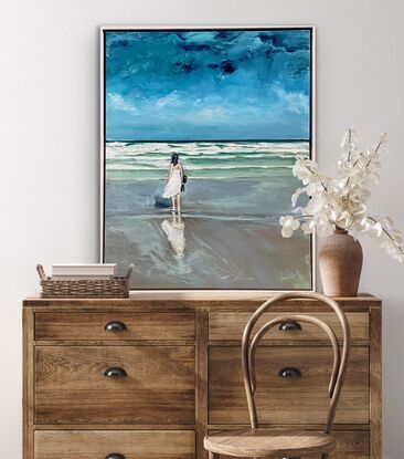 Girl in white dress stormy day at beach