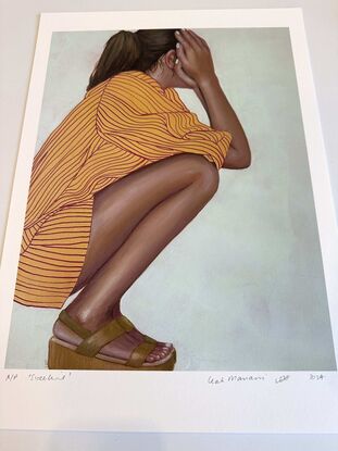 This reproduction of a painting showing a semi-abstract woman swatching on her heels, with her hands to her face.