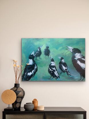 A group of magpies singing together with thick impressionistic brush strokes and loose charcoal lines.