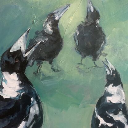 A group of magpies singing together with thick impressionistic brush strokes and loose charcoal lines.